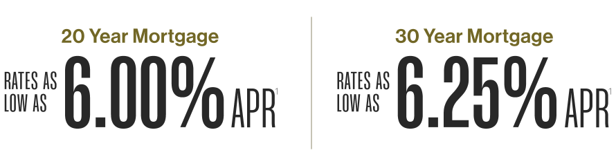 Mortgage options that fit your goals: 20 Year Mortgage w/rates as low as 6.00% APR or 30 Year Mortgage w/rates as low as 6.25% APR